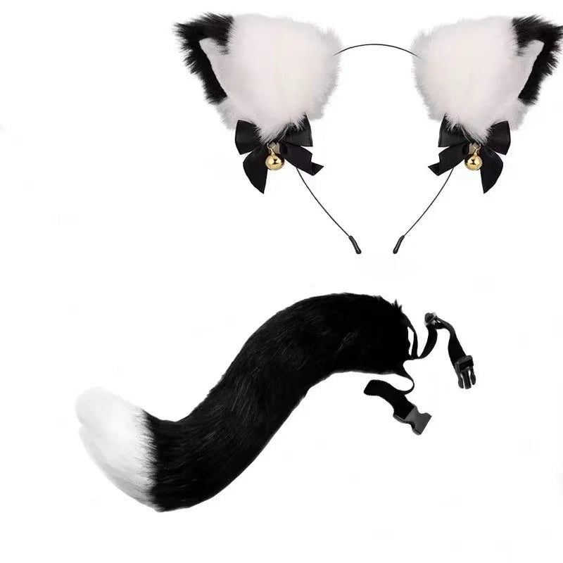 Black furry cat ear headband and tail costume set with a bow detail