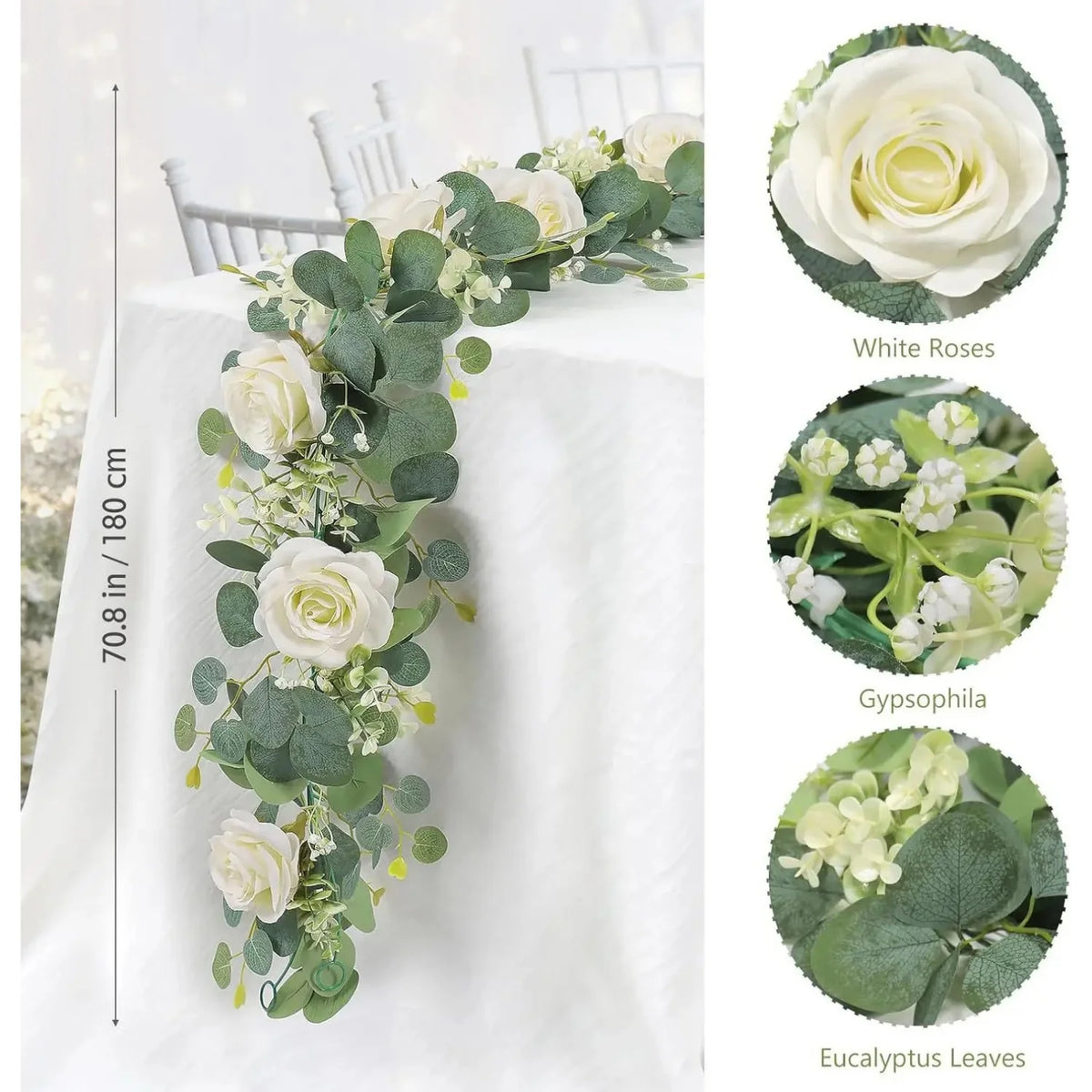 Künstlicher Eukalyptus- und Rosenkranz mit weißen Rosen und Eukalyptusblättern