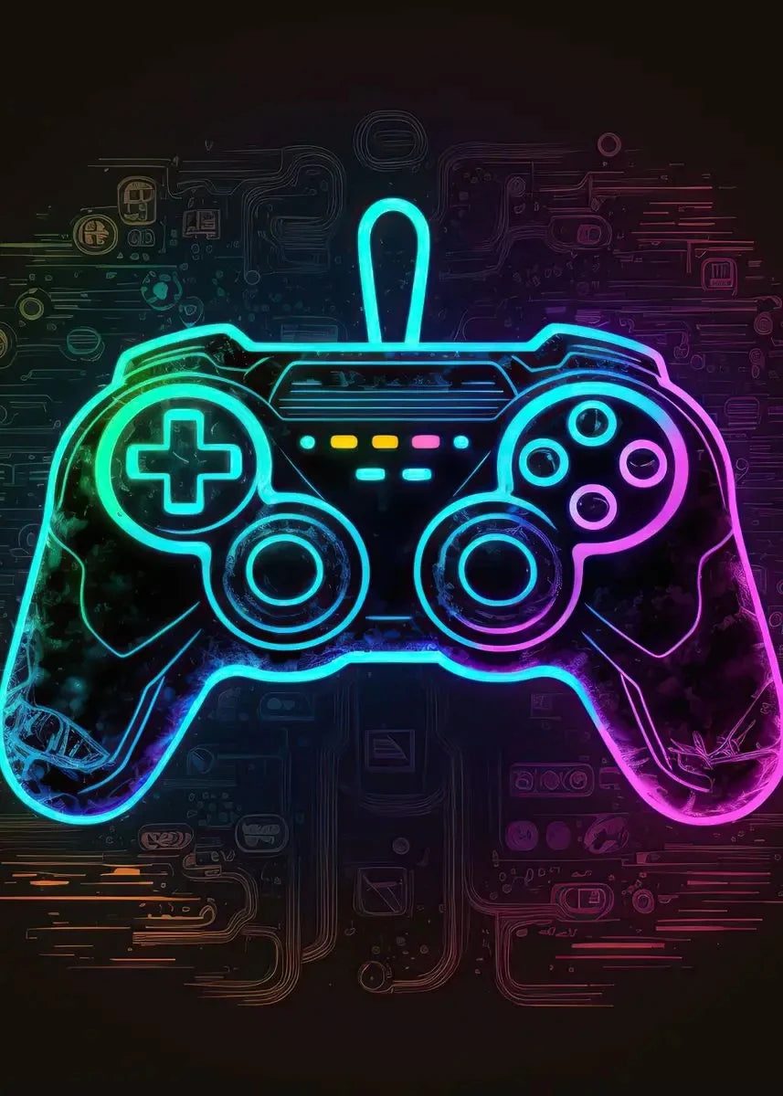 A glowing neon blue and pink video game controller is displayed against a dark, futuristic circuit board background.