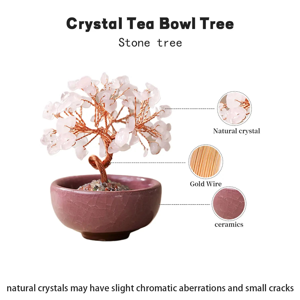 A handcrafted crystal tea bowl tree made of natural crystals mounted on a stone tree with a gold wire base.
