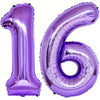 A shiny purple foil number balloon shaped like the number 16.