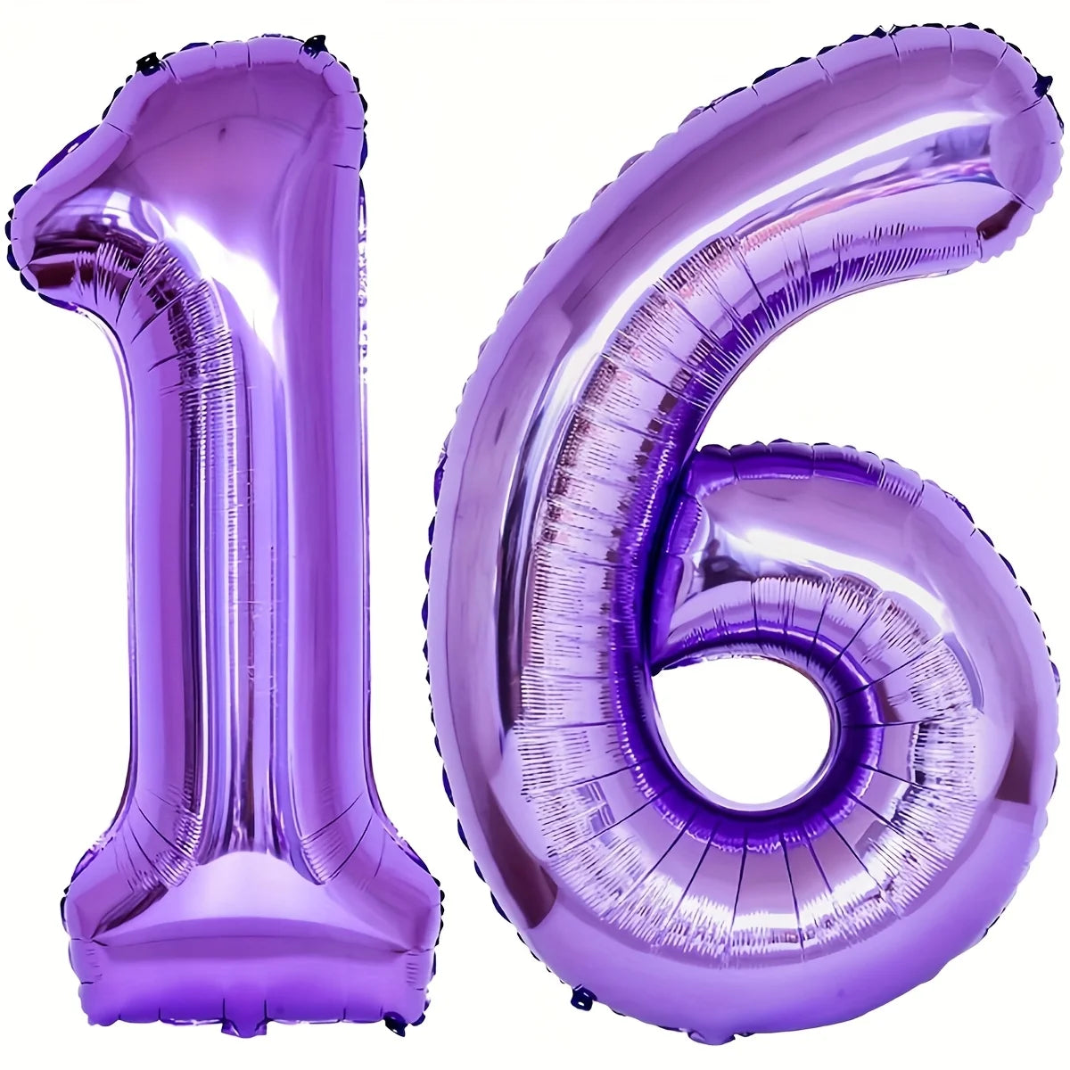 A shiny purple foil number balloon shaped like the number 16.