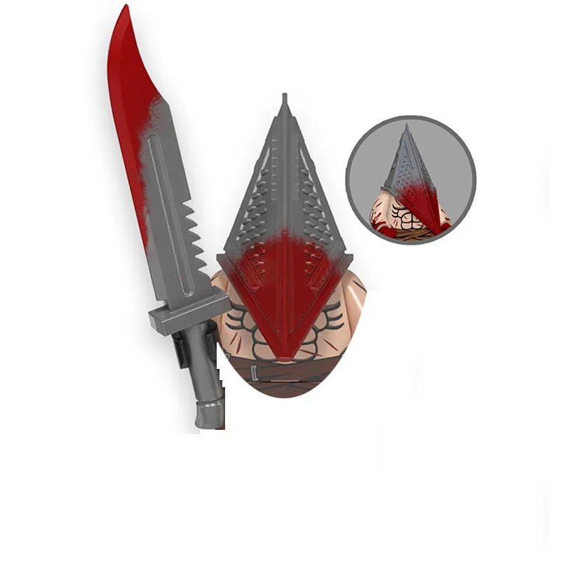 A set of horror movie icon building blocks featuring a red and gray knife and a conical skull design.