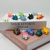 A collection of colorful articulated baby dragon figurines displayed on a white box and a book.