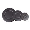 A set of black gas stove burner caps for efficient cooking.