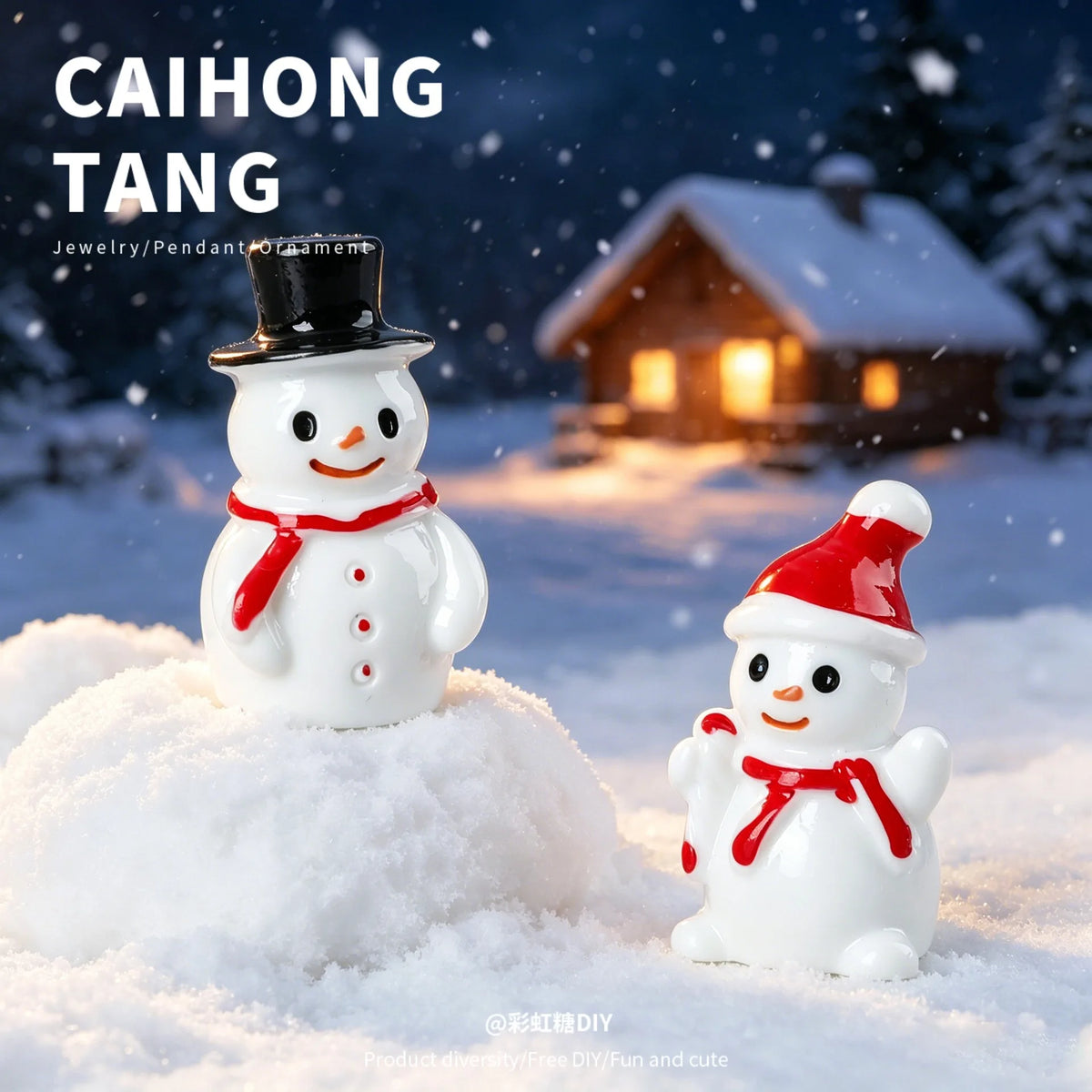 A white snowman figurine wearing a black top hat is placed on a mound of snow in an outdoor winter setting.