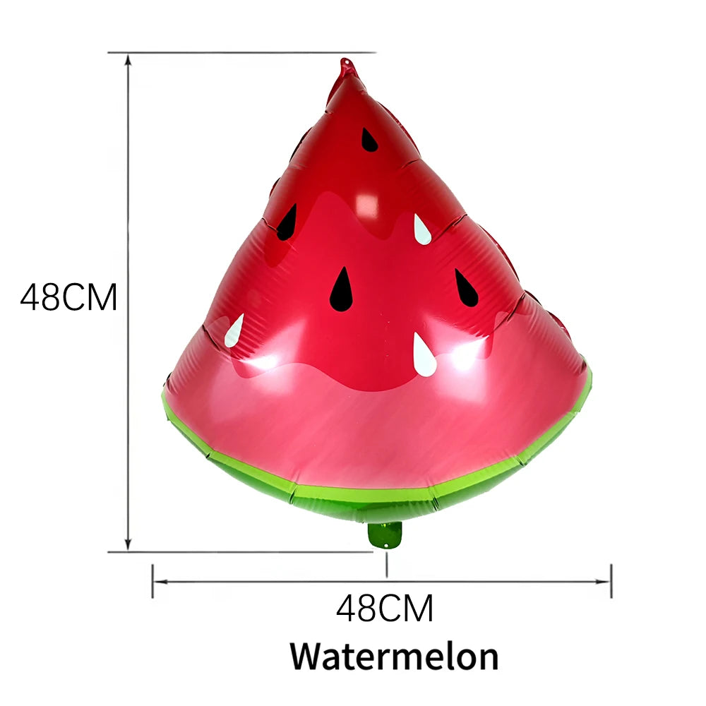 Ballon en papier d'aluminium de watermelon rouge avec découpes noires et base verte.