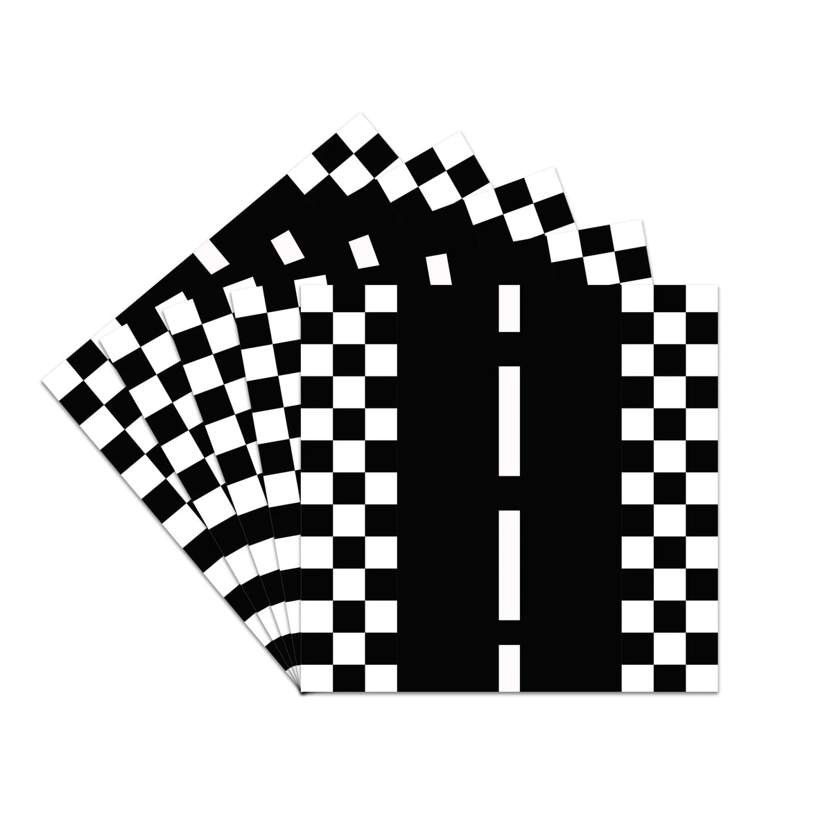 A set of black and white checkered flags arranged in a fan shape.