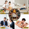 A collage showing a kitchen, living room, office, and bedroom scene surrounding a vintage wooden Last Supper wall clock.