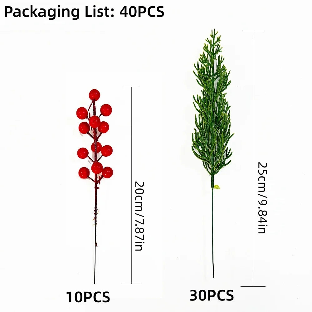 Packaging list showing 10 pieces and 30 pieces of artificial Christmas berry stems with pine branches.