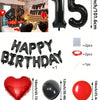 A set of red and black foil number balloons, heart-shaped balloons, and round balloons for birthday decorations.