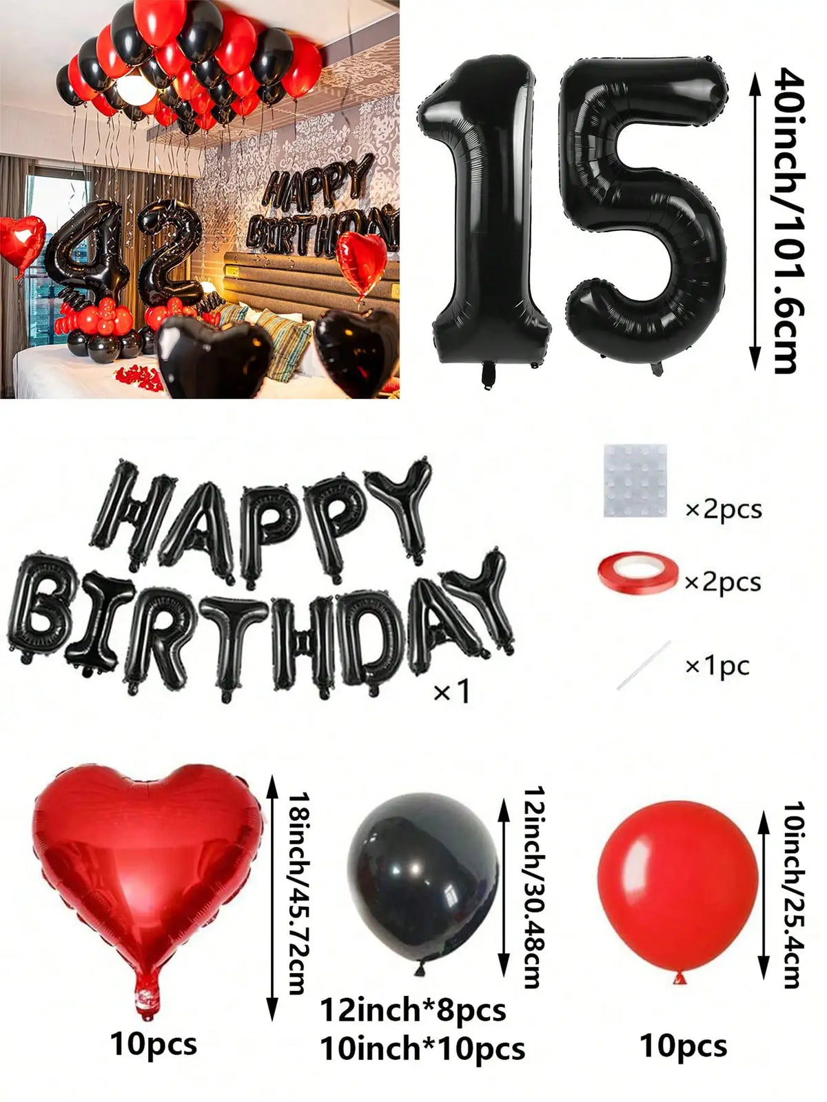 A set of red and black foil number balloons, heart-shaped balloons, and round balloons for birthday decorations.