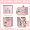 Pink piggy bank for boys and girls showing steps to use the combination lock and deposit money