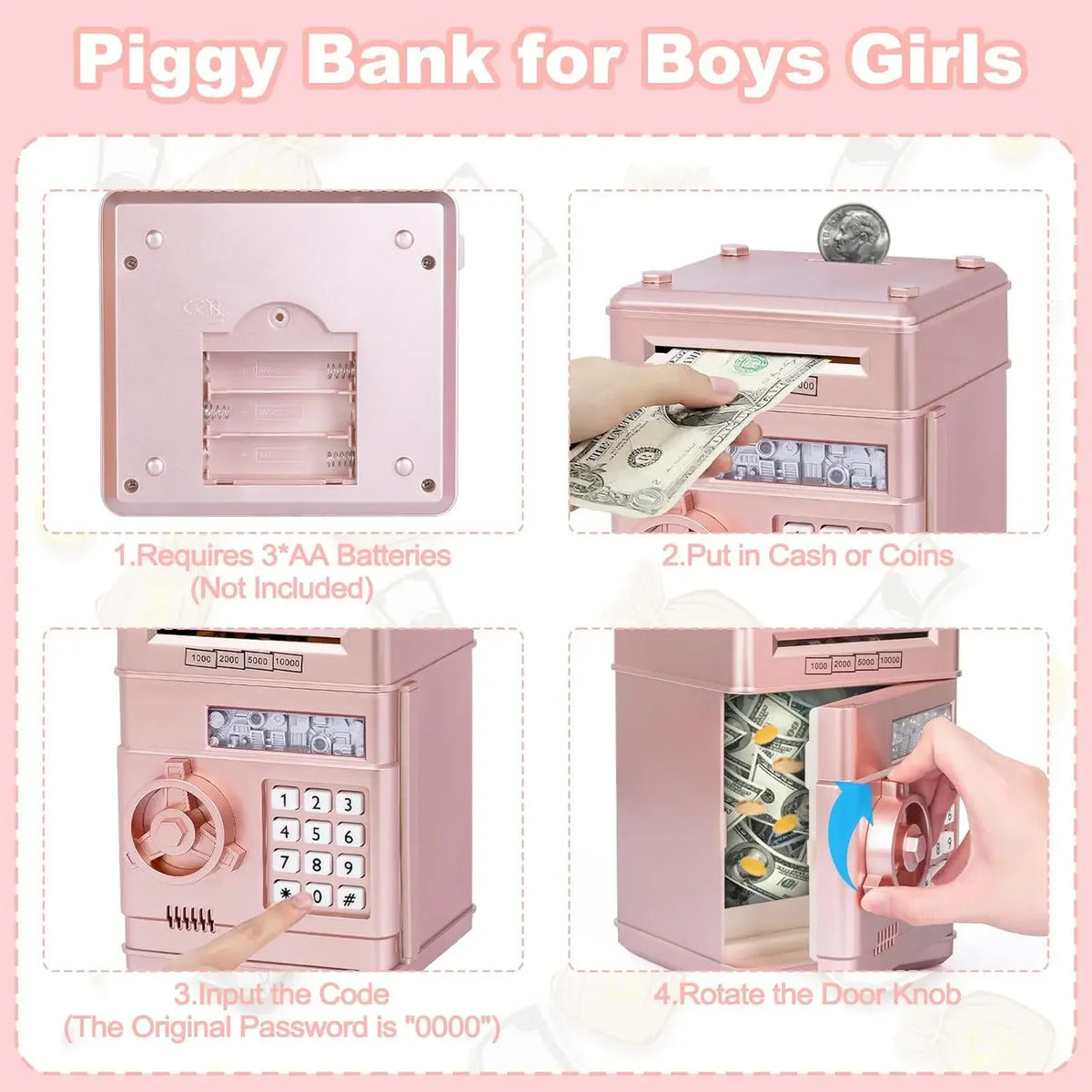 Pink piggy bank for boys and girls showing steps to use the combination lock and deposit money