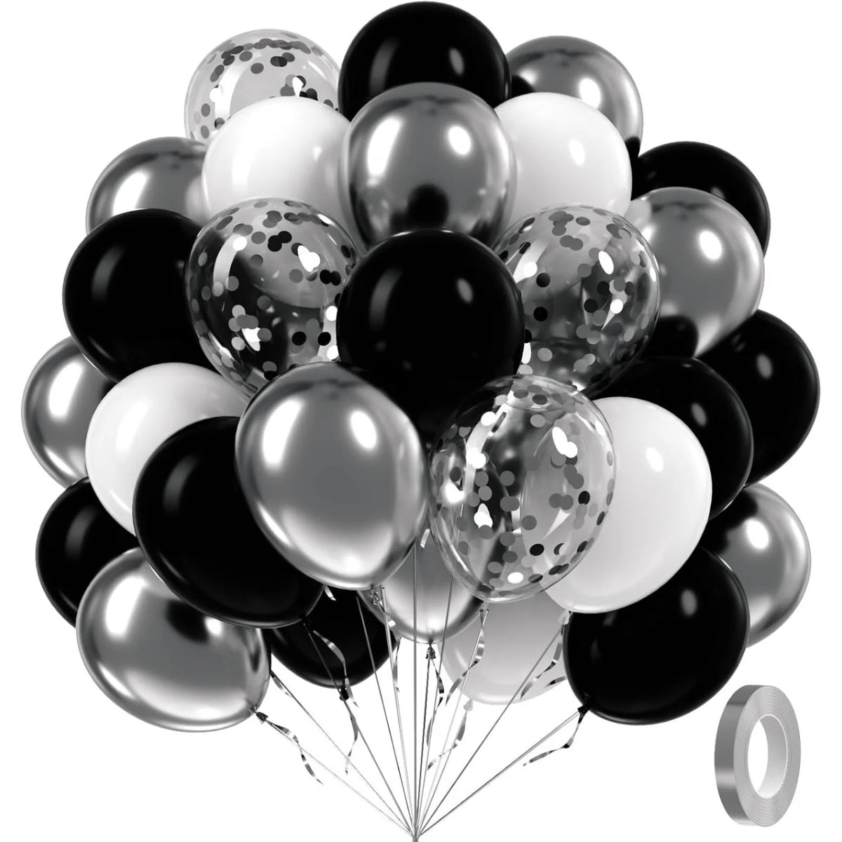 A bunch of black and silver balloons, including latex and foil types, tied together with strings.