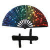 A hand fan with a holographic glitter design featuring a rainbow of colors.
