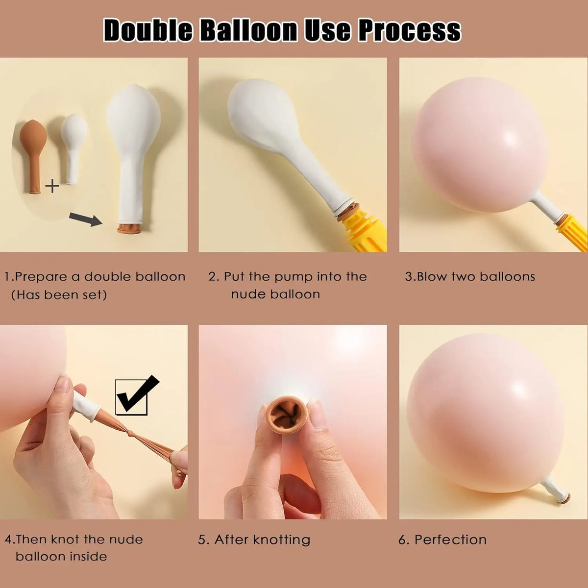Step-by-step process showing how to use a double balloon kit for creating a balloon garland