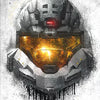 A detailed illustration of the Halo Master Chief helmet with glowing orange visor and metallic armor.