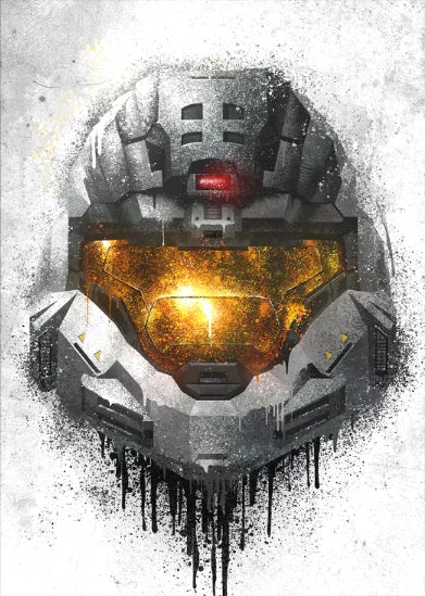 A detailed illustration of the Halo Master Chief helmet with glowing orange visor and metallic armor.