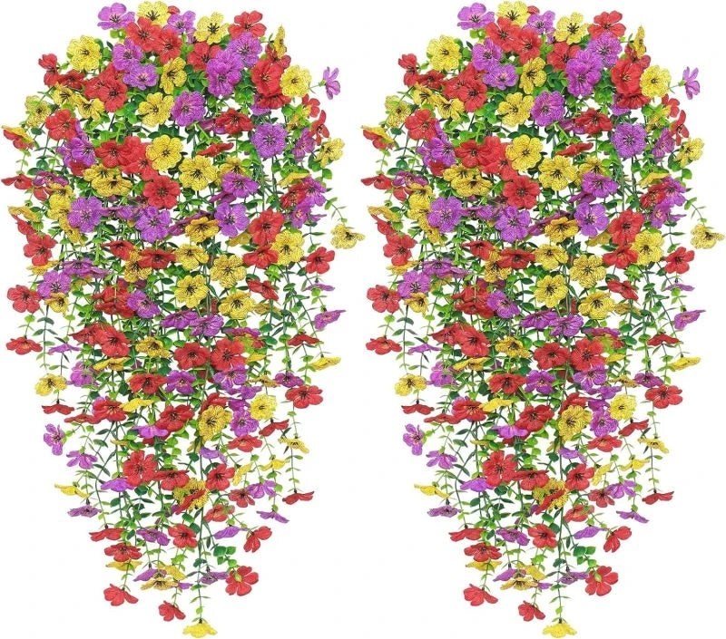 Lierre de rattan artificiel avec des fleurs colorées rouge, jaune et violet