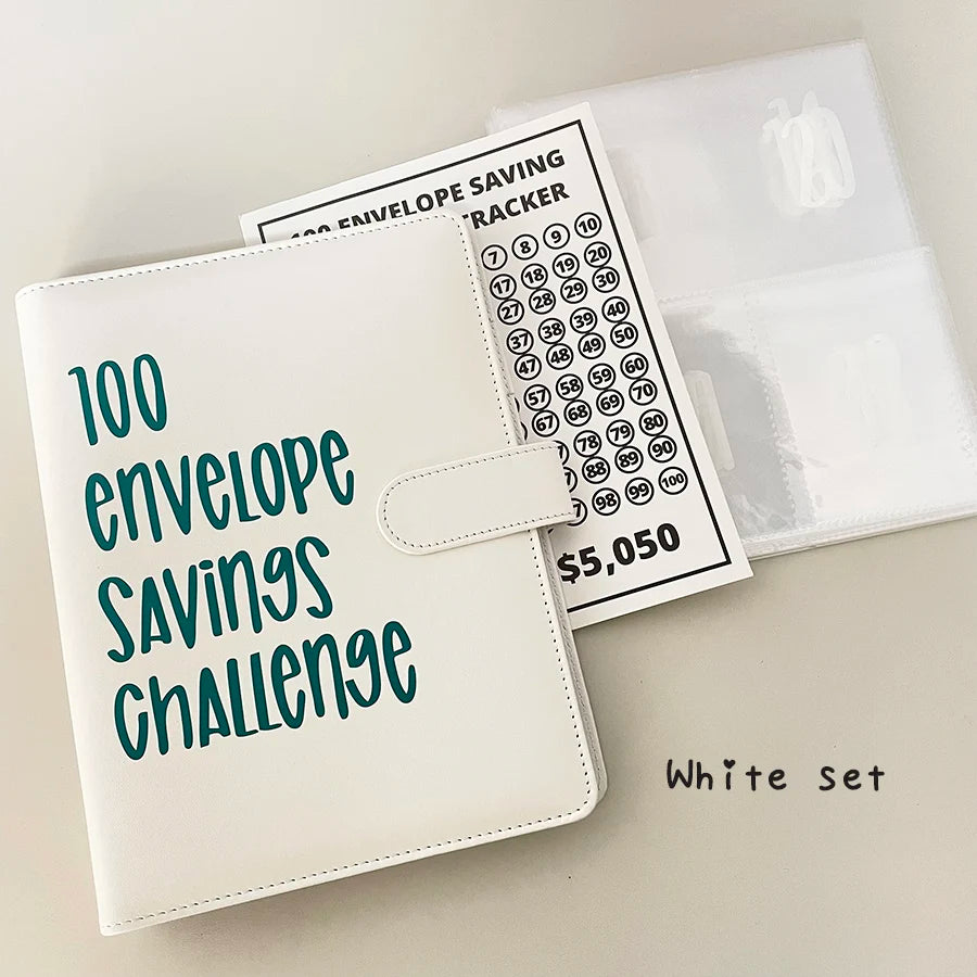A white binder for a 100 envelope savings challenge with numbered pockets and a tracker sheet.