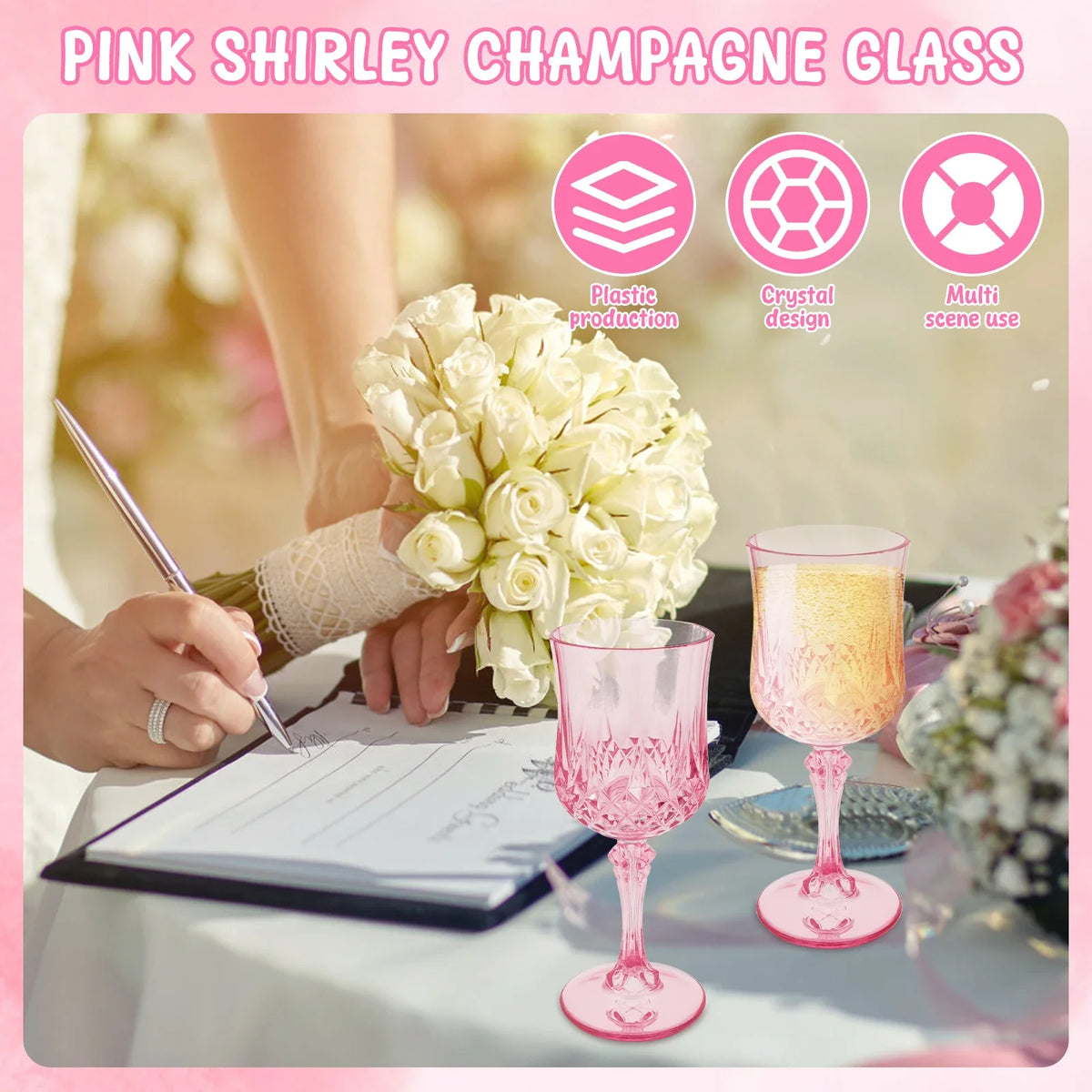 A set of pink Shirley champagne glasses with crystal design and multi-scene use icons shown next to a hand holding a pen.
