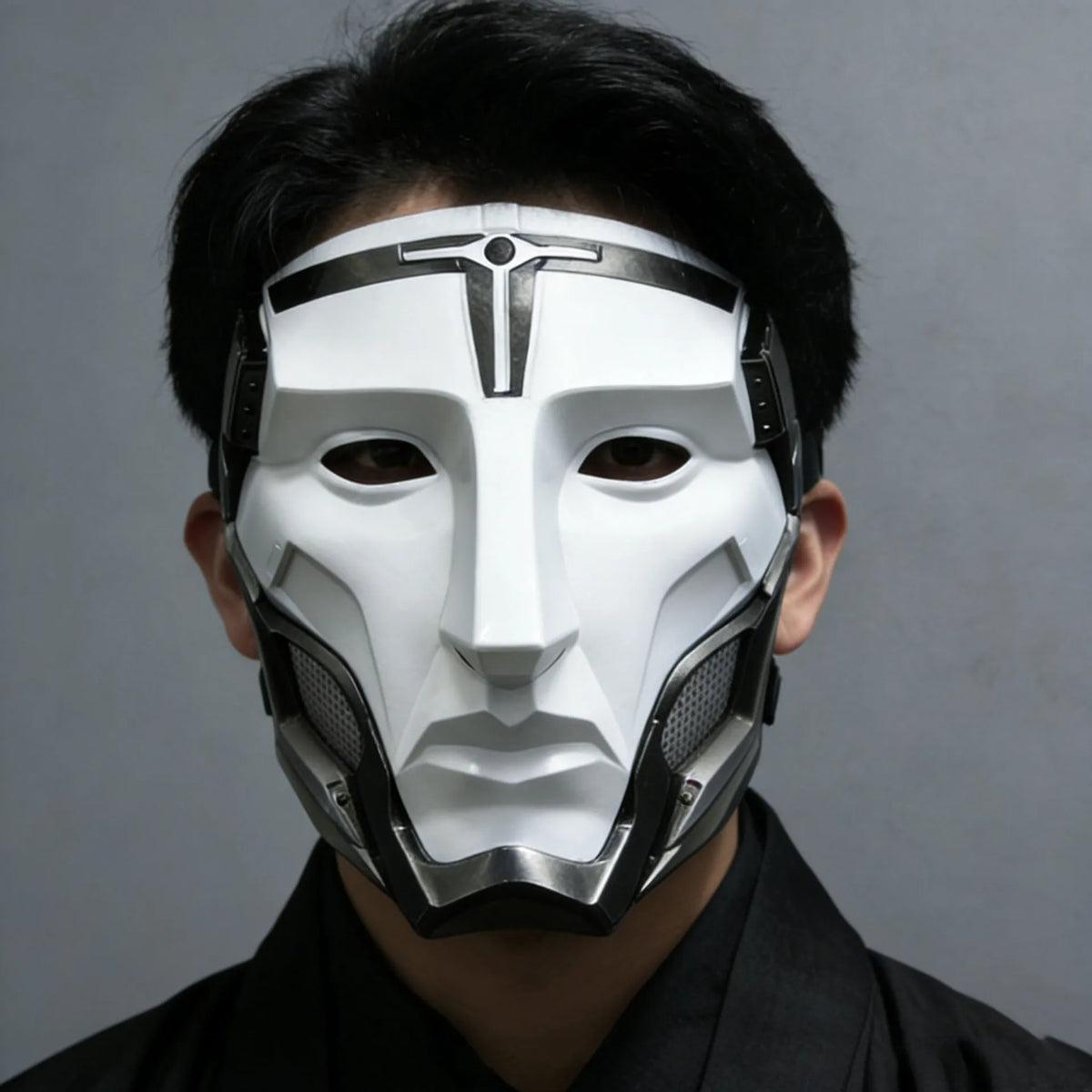 A close-up of a white tactical warden cosplay mask worn by a person against a gray background.