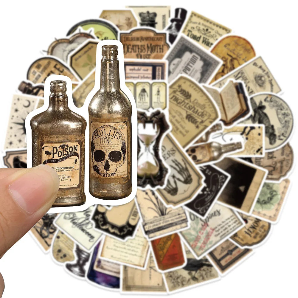 A collection of vintage Halloween potion bottle labels and stickers arranged in a circular pattern.