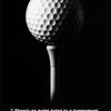 A close-up, black and white photograph of a golf ball resting on its club shaft against a dark background.