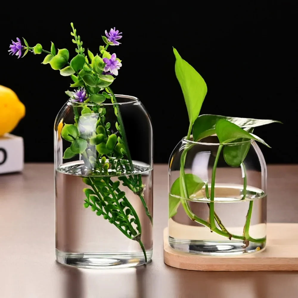 Modern clear glass hydroponic vase with green foliage and purple flowers on a wooden surface