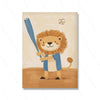 A painting of a friendly lion wearing a blue scarf standing on a brown background.