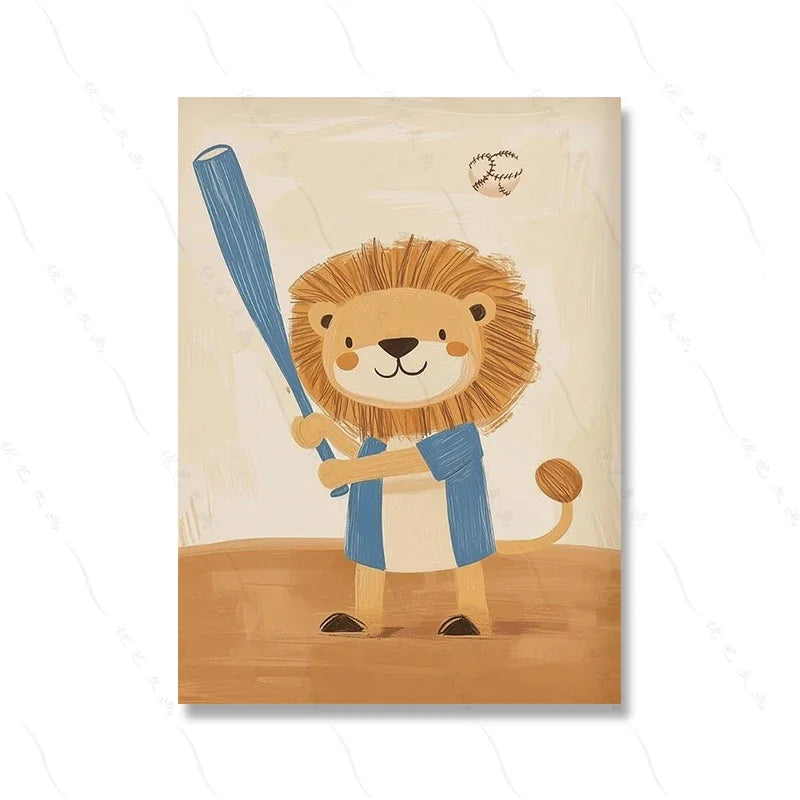 A painting of a friendly lion wearing a blue scarf standing on a brown background.