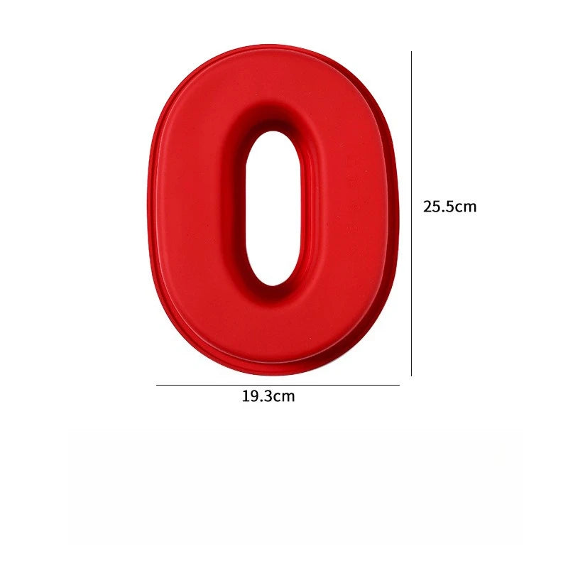 Rote Silikon-3D-Zahl-Kuchenform in Form der Null, Maße 19,3x25,5 cm.