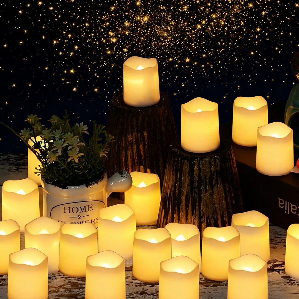 A collection of glowing white votive tea lights displayed on wooden stands against a dark, starry background.