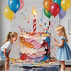 A colorful birthday cake photo backdrop featuring a tiered cake surrounded by bright balloons and paint splatters.