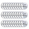A set of silver mirror acrylic happy birthday cake toppers arranged in rows.