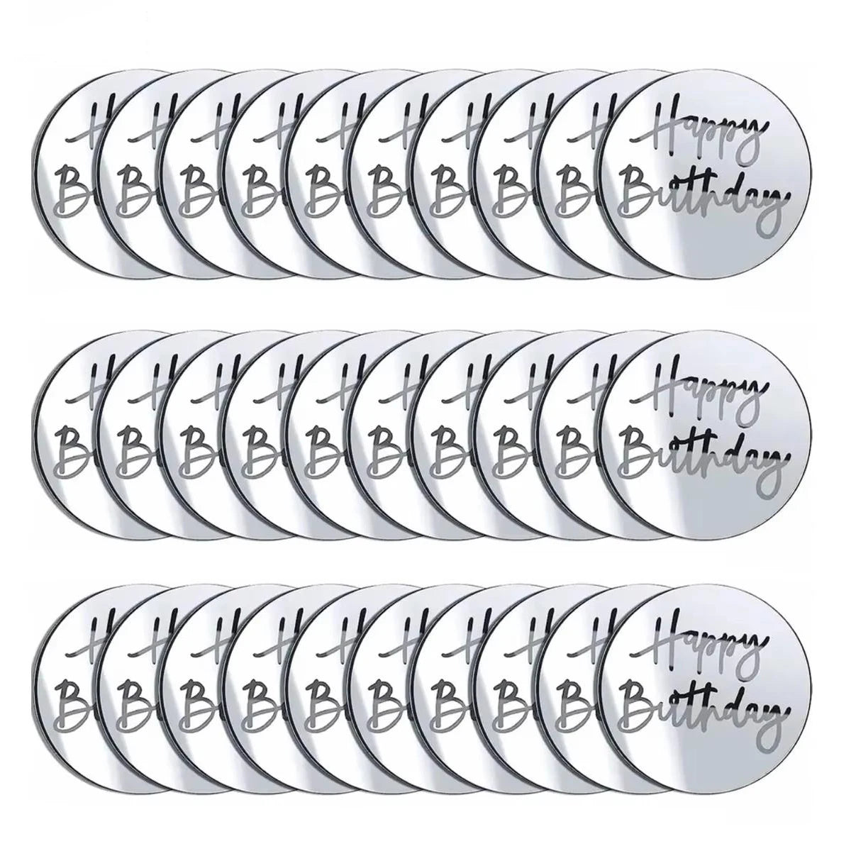 A set of silver mirror acrylic happy birthday cake toppers arranged in rows.