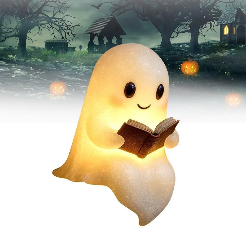 A glowing ghost figurine with a smiling face is holding an open book in a spooky outdoor setting.