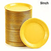 A stack of yellow disposable paper plates with one plate displayed separately.