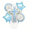 A set of blue and pink foil balloons featuring cross and dove motifs for First Communion or Baptism