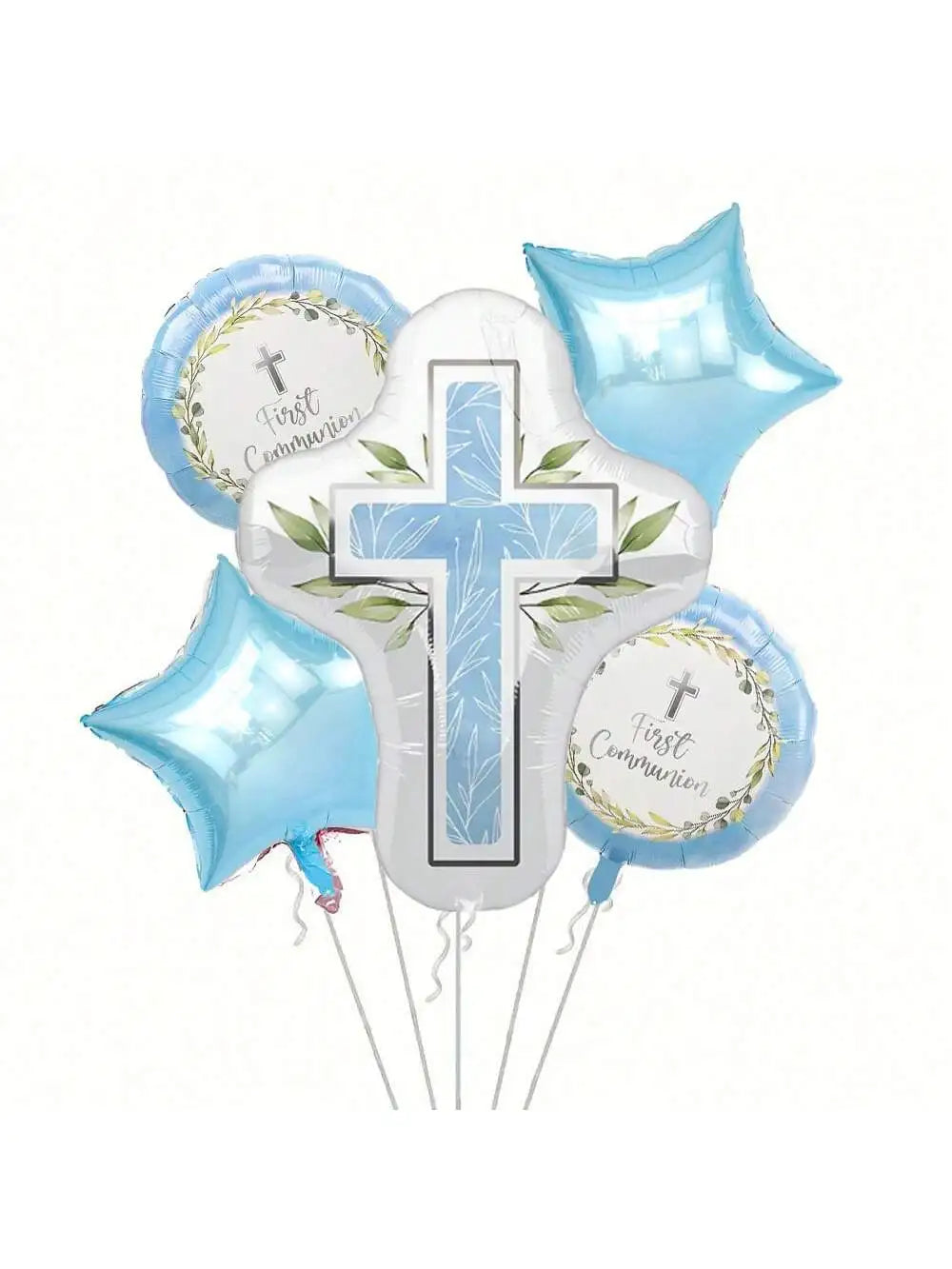 A set of blue and pink foil balloons featuring cross and dove motifs for First Communion or Baptism