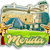 A souvenir magnet featuring a historical building and pyramid, with the word Merida below.