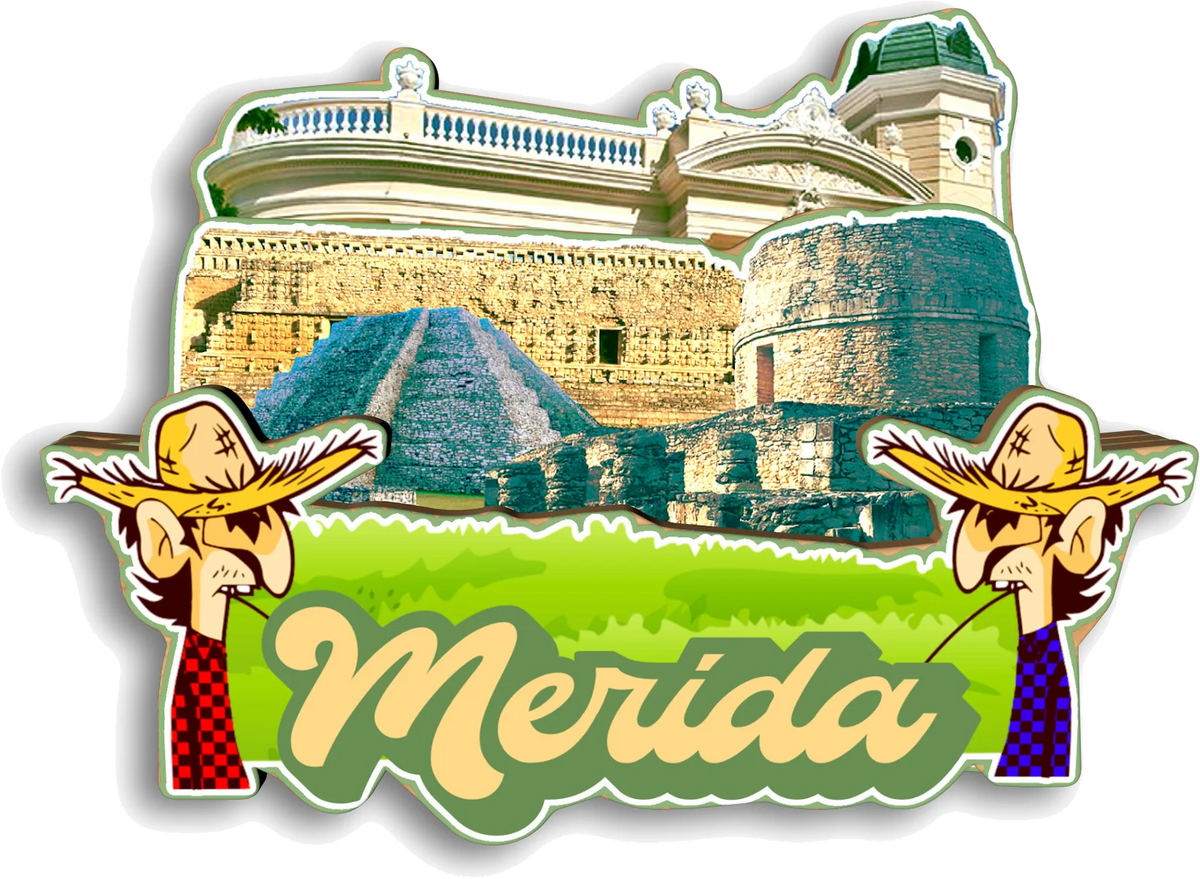A souvenir magnet featuring a historical building and pyramid, with the word Merida below.