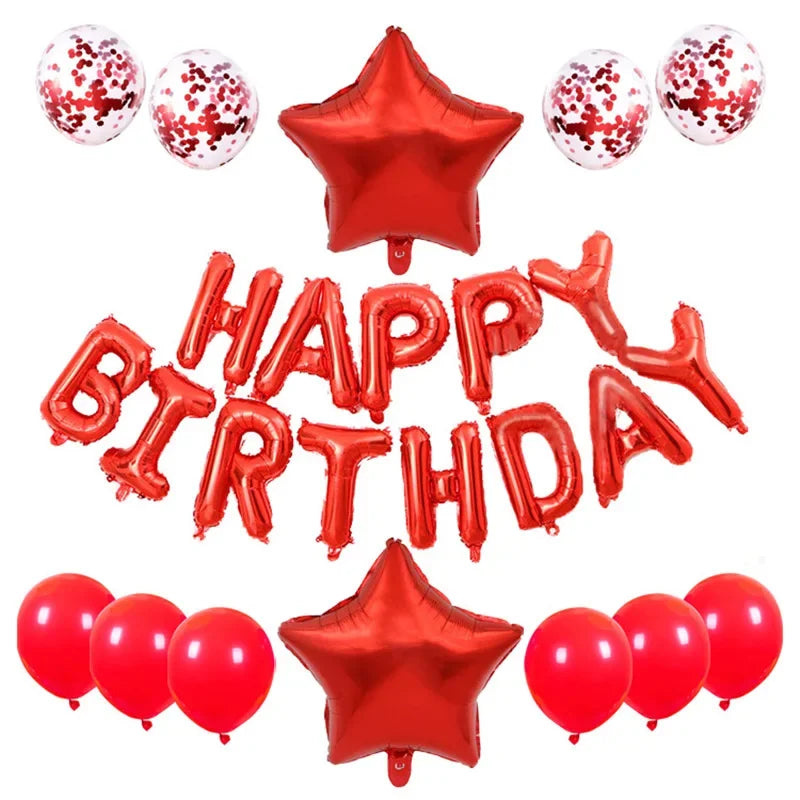 A collection of rose gold foil letter balloons and star shaped balloons for birthday parties