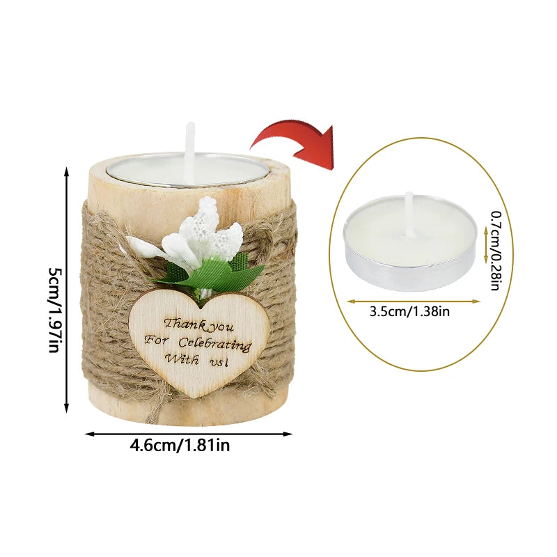 Wooden tealight candle holders with a thank you message featuring a white flower and natural twine