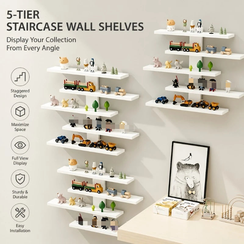 A set of five tiered wall shelves designed for displaying collections, featuring various small figures and toys.