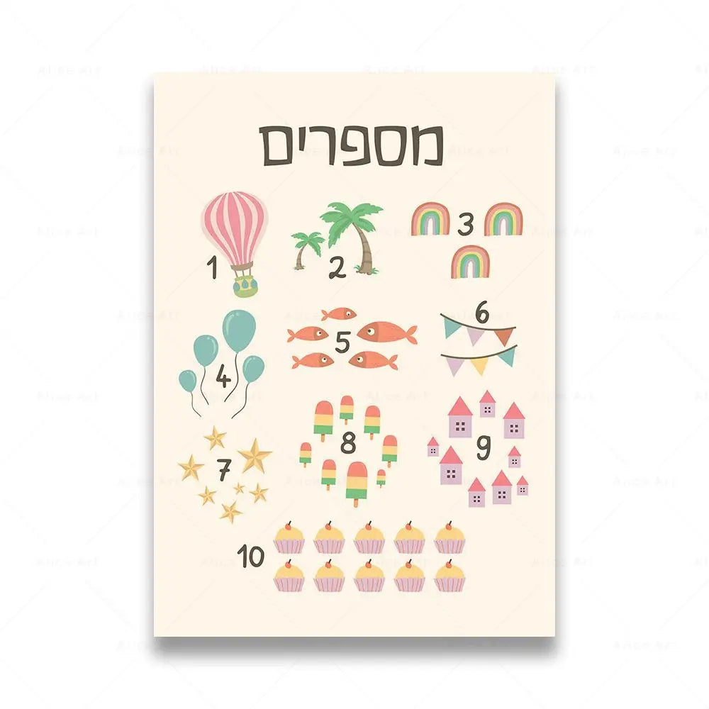 Boho canvas art print featuring numbers 1 through 10 in a playful style with colorful illustrations