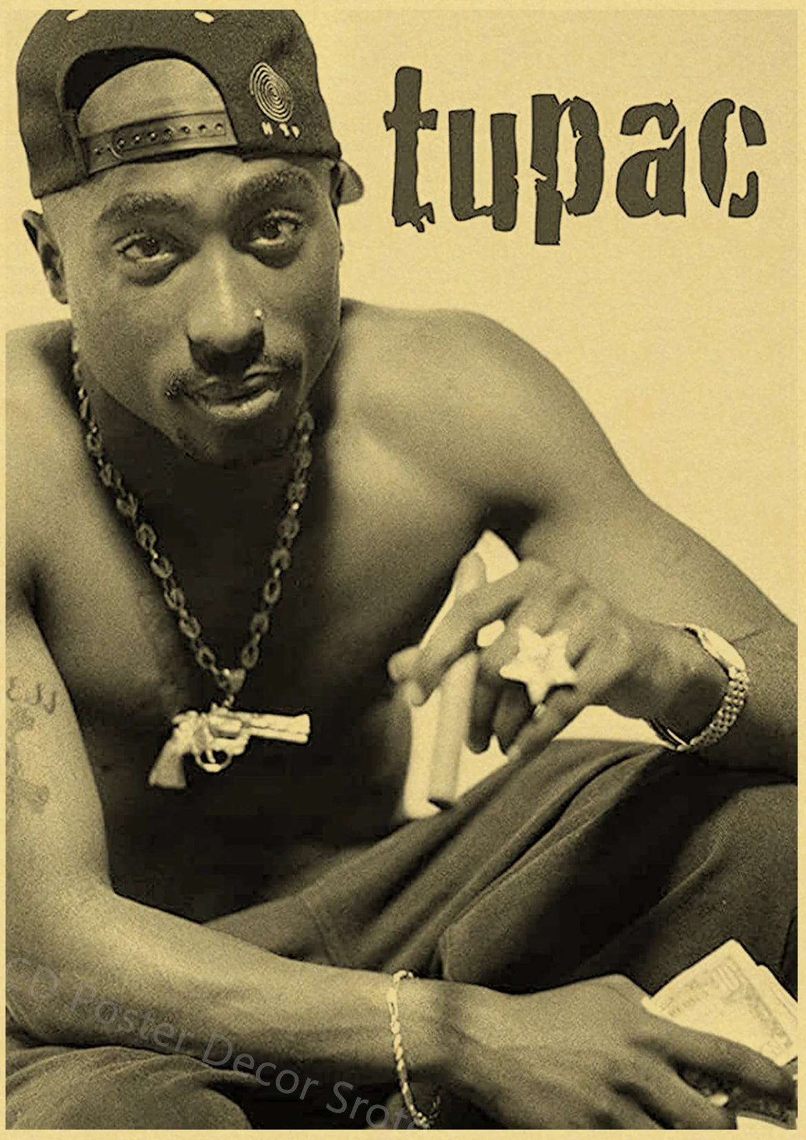 A black and white portrait of Tupac featuring a cap, necklace with a pendant, and tattoos.