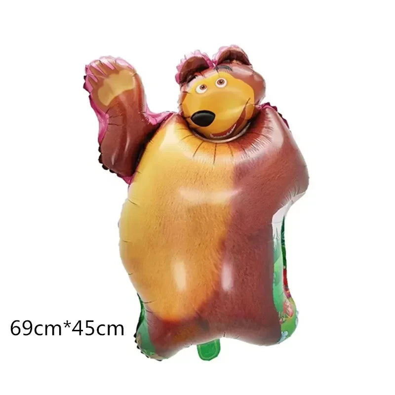 A golden bear balloon shaped like Masha and the Bear for a birthday party set.