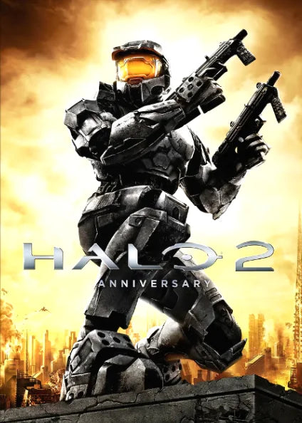A dark armored figure in tactical gear holds a futuristic rifle against a bright, fiery orange background for Halo 2 Annivers